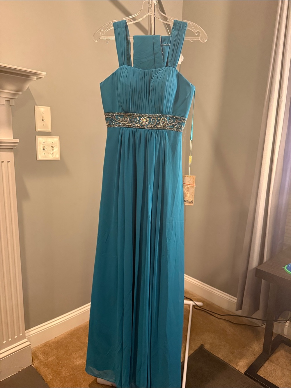 Elegant Teal Beaded Empire Waist Prom Dress